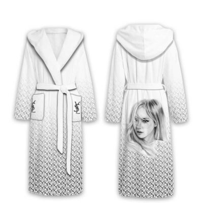 Yves Saint Laurent Black White Rose Blackpink Pattern Luxury Unisex Flannel Hooded Bathrobe