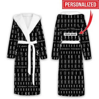 Yves Saint Laurent Black YSL Pattern Luxury Unisex Flannel Hooded Bathrobe 1