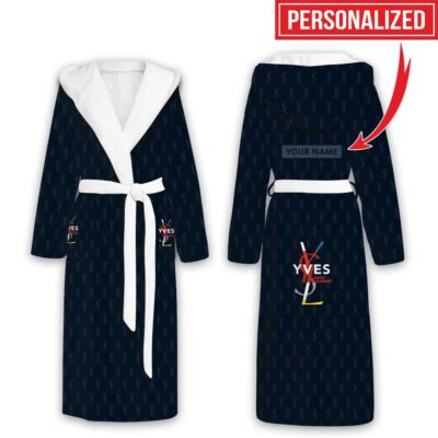 Yves Saint Laurent Blue Vintage Logo Luxury Unisex Flannel Hooded Bathrobe 1