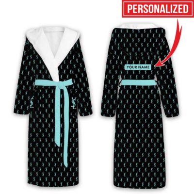 Yves Saint Laurent Blue YSL Pattern Luxury Unisex Flannel Hooded Bathrobe 1