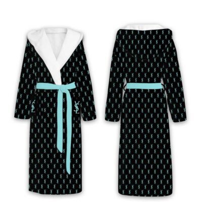 Yves Saint Laurent Blue YSL Pattern Luxury Unisex Flannel Hooded Bathrobe