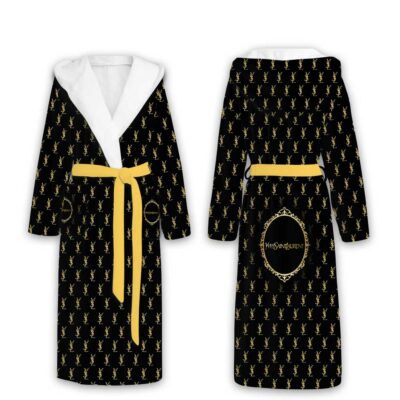 Yves Saint Laurent Gold Logo Pattern Luxury Unisex Flannel Hooded Bathrobe