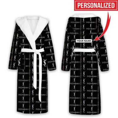 Yves Saint Laurent Gold Pattern Luxury Unisex Flannel Hooded Bathrobe 1