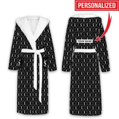 Yves Saint Laurent White Logo Pattern Luxury Unisex Flannel Hooded Bathrobe 1