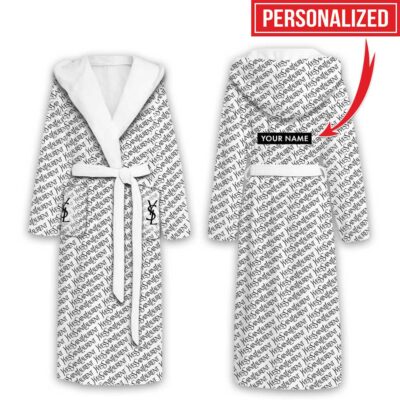 Yves Saint Laurent White YSL Pattern Luxury Unisex Flannel Hooded Bathrobe 1