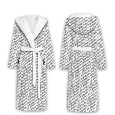 Yves Saint Laurent White YSL Pattern Luxury Unisex Flannel Hooded Bathrobe