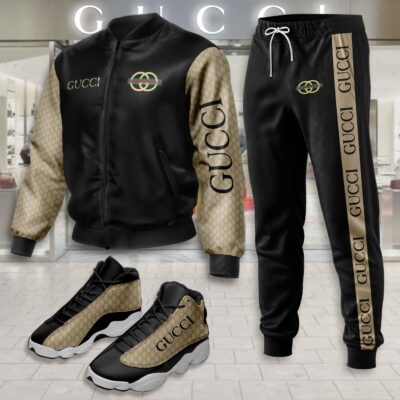 Gucci GC Logo Black Brown Luxury Brand Premium Varsity Tracksuit JD13 Shoes Set