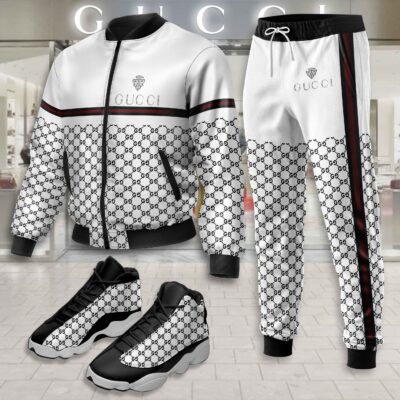 Gucci GC Logo Stripe White Luxury Brand Premium Varsity Tracksuit JD13 Shoes Set