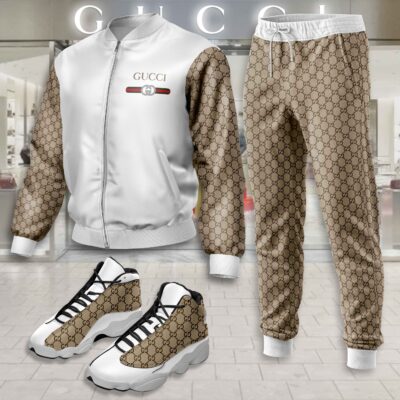 Gucci Logo Brown White Luxury Brand Premium Varsity Tracksuit JD13 Shoes Set