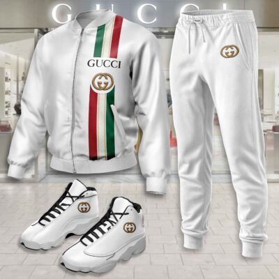 Gucci Logo White Luxury Brand Premium Varsity Tracksuit JD13 Shoes Set