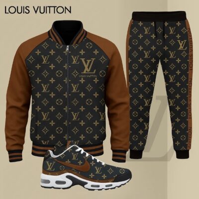 Louis Vuitton Pattern Brown Luxury Brand Premium Varsity Tracksuit Air Max Set