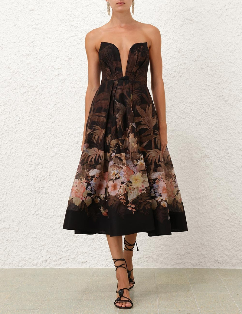 Zimmermann-Illuminate-Draped-Midi-Dress-Black-Tropical-1 Zimmermann Illuminate Draped Midi Dress Black Tropical 1