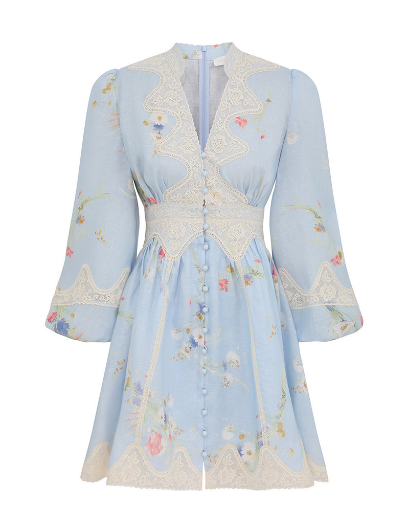 Zimmermann-Lucky-Lace-Plunge-Mini-Dress-Blue-Bouquet-Floral Zimmermann Lucky Lace Plunge Mini Dress - Blue Bouquet Floral