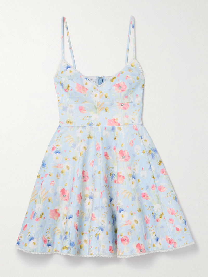 Zimmermann-Lucky-Lace-Trimmed-Floral-Print-Linen-Mini-Dress-Blue Zimmermann Lucky Lace-Trimmed Floral-Print Linen Mini Dress - Blue