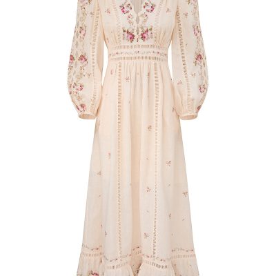 Zimmermann Patience Plunge Midi Dress - Cream / Pink Rose