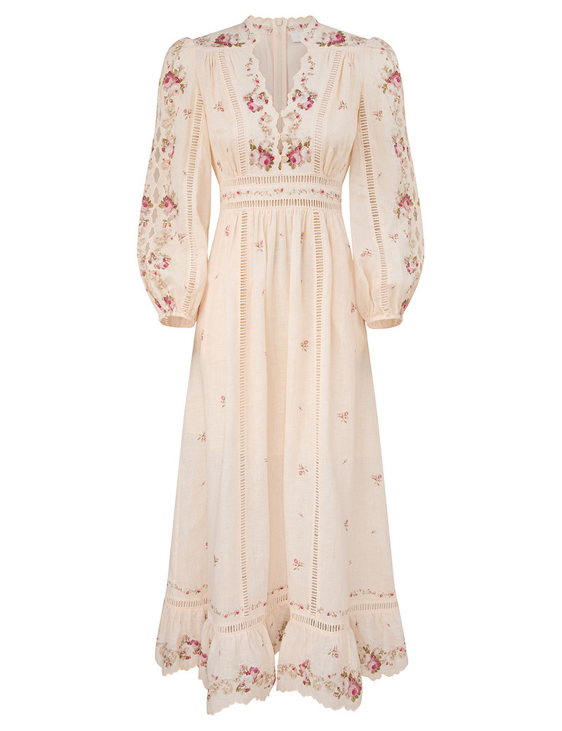 Zimmermann-Patience-Plunge-Midi-Dress-Cream-Pink-Rose Zimmermann Patience Plunge Midi Dress - Cream / Pink Rose