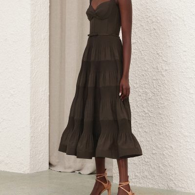 Zimmermann Pleated Draped Midi Dress Olive 2