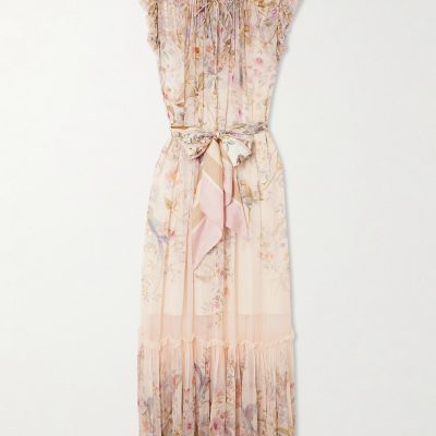 Zimmermann Rebellion Tie-Detailed Ruffled Printed Chiffon Maxi Dress - Cream