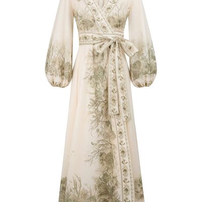Zimmermann Wanderlust Wrap Midi Dress - Khaki Toile